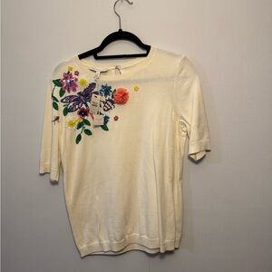 Talbots Cream Top with Colorful Floral Embroidery